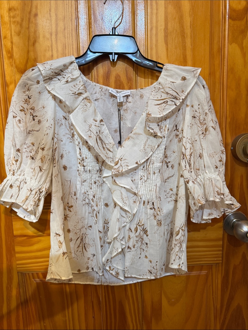Madison Cream Floral Ruffle V-Neck Blouse. 100% cotton